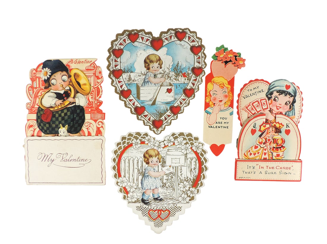 Vintage Valentines & Bookmark (5), 2 diecut foldouts, printed in Germany &: Vintage Valentines & Bookmark (5), 2 diecut foldouts, printed in Germany & USA, 2 diecut cards & "You Are My Valentine" bookmark, all Exc cond, up to 5.75"H.