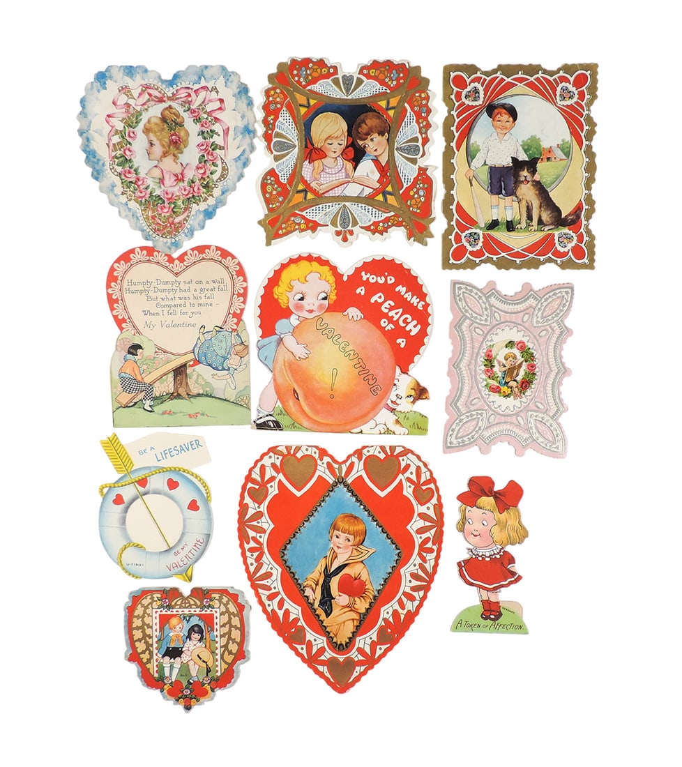 Vintage Valentines (10), colorful assortment of diecut 20's-40's cards in E: Vintage Valentines (10), colorful assortment of diecut 20's-40's cards in Exc cond, up to 6.5"H.
