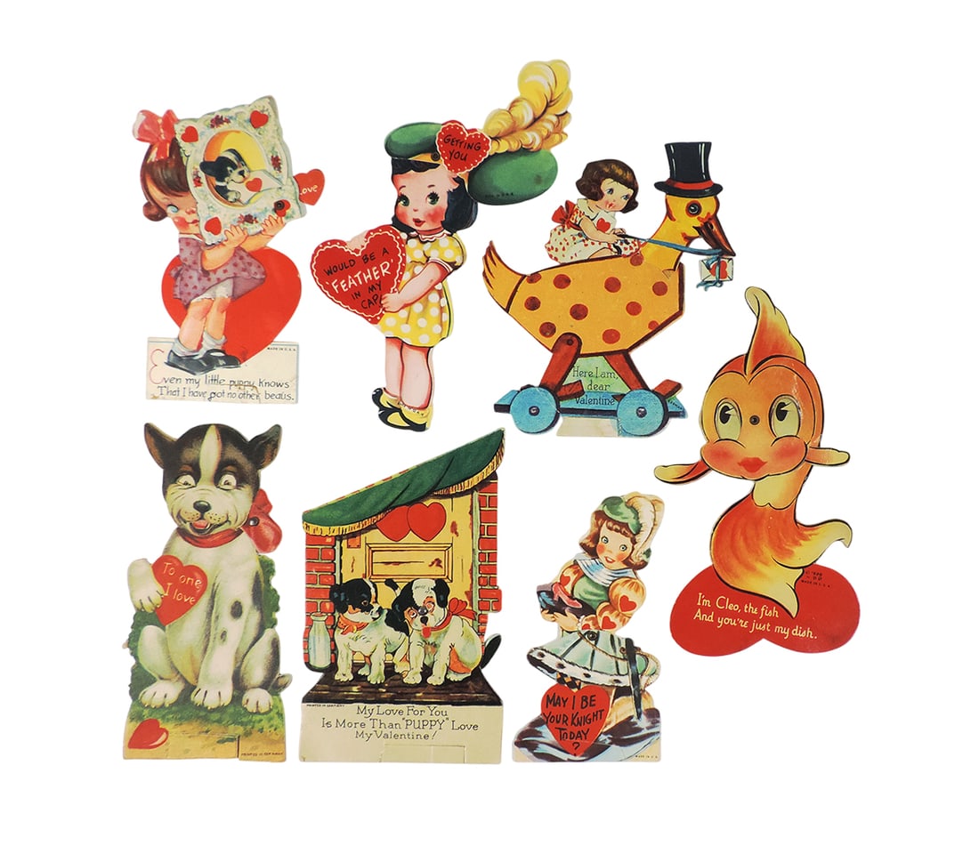 Vintage Valentines (7), all diecut mechanicals with moving parts, printed i: Vintage Valentines (7), all diecut mechanicals with moving parts, printed in Germany & USA, c.1950's, most in Exc cond, others VG, up to 6"H.