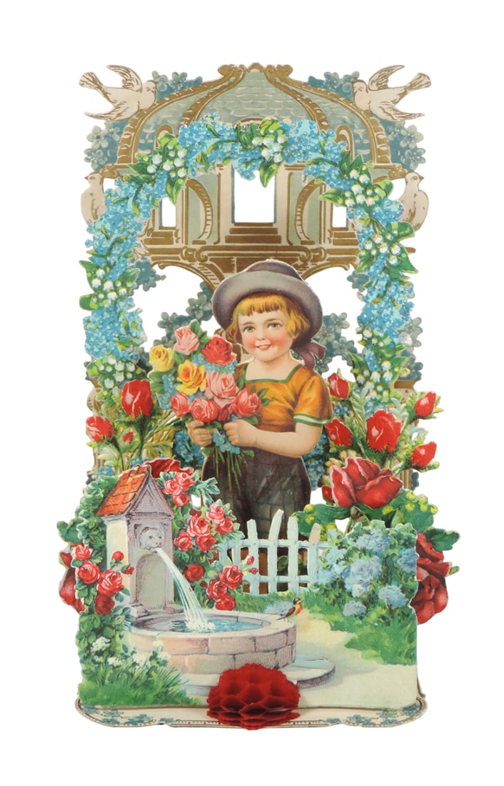 Antique German Valentine, elaborate embossed diecut foldout w/honeycomb, pr: Antique German Valentine, elaborate embossed diecut foldout w/honeycomb, pretty young girl in flower garden, c.1880, 5 extremely colorful layers, Exc cond, 9"H x 5.5 W.
