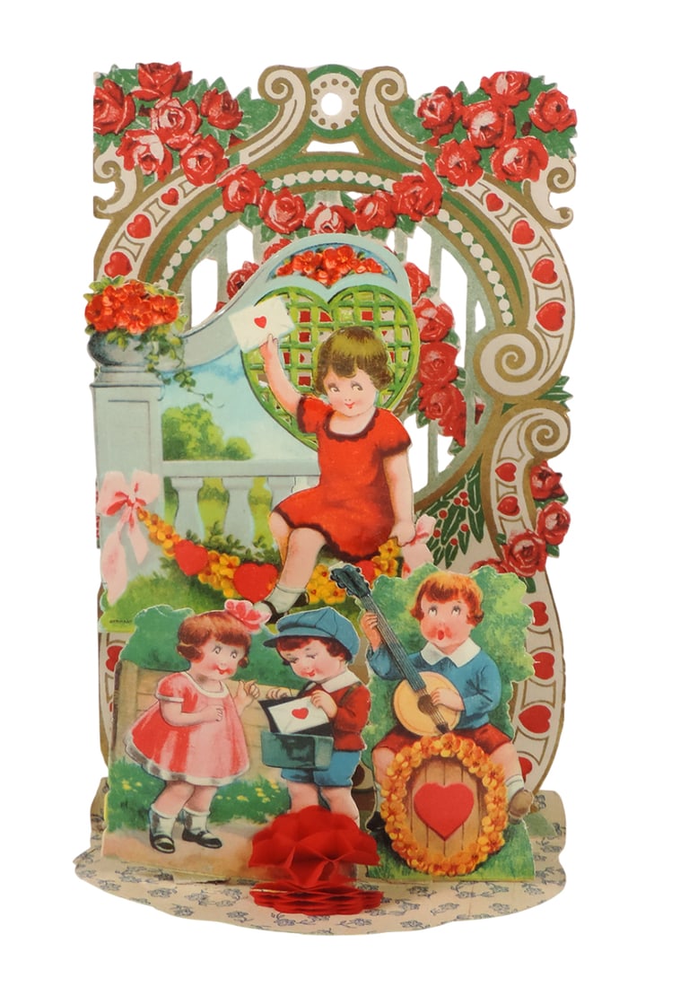 Antique German Valentine, embossed diecut foldout w/honeycomb, 4 children w: Antique German Valentine, embossed diecut foldout w/honeycomb, 4 children w/hearts, c.1880-1900, very colorful & in Exc cond, 7.5"H x 5"W.