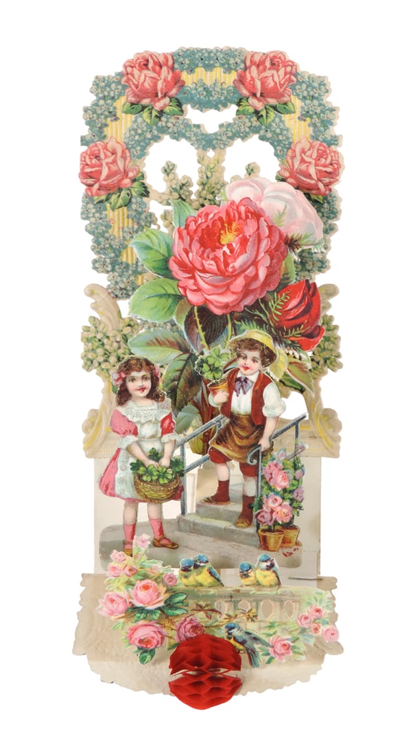 Antique German Valentine, embossed diecut foldout w/honeycomb, children in (1 of 2)