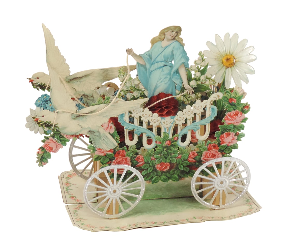Antique German Valentine, Rare extremely elaborate embossed diecut foldout: Antique German Valentine, Rare extremely elaborate embossed diecut foldout w/3 honeycombs, 6 colorful layers w/pretty girl in carriage pulled by doves, old bend on girl's head, o/wise Exc cond, 8"H x 