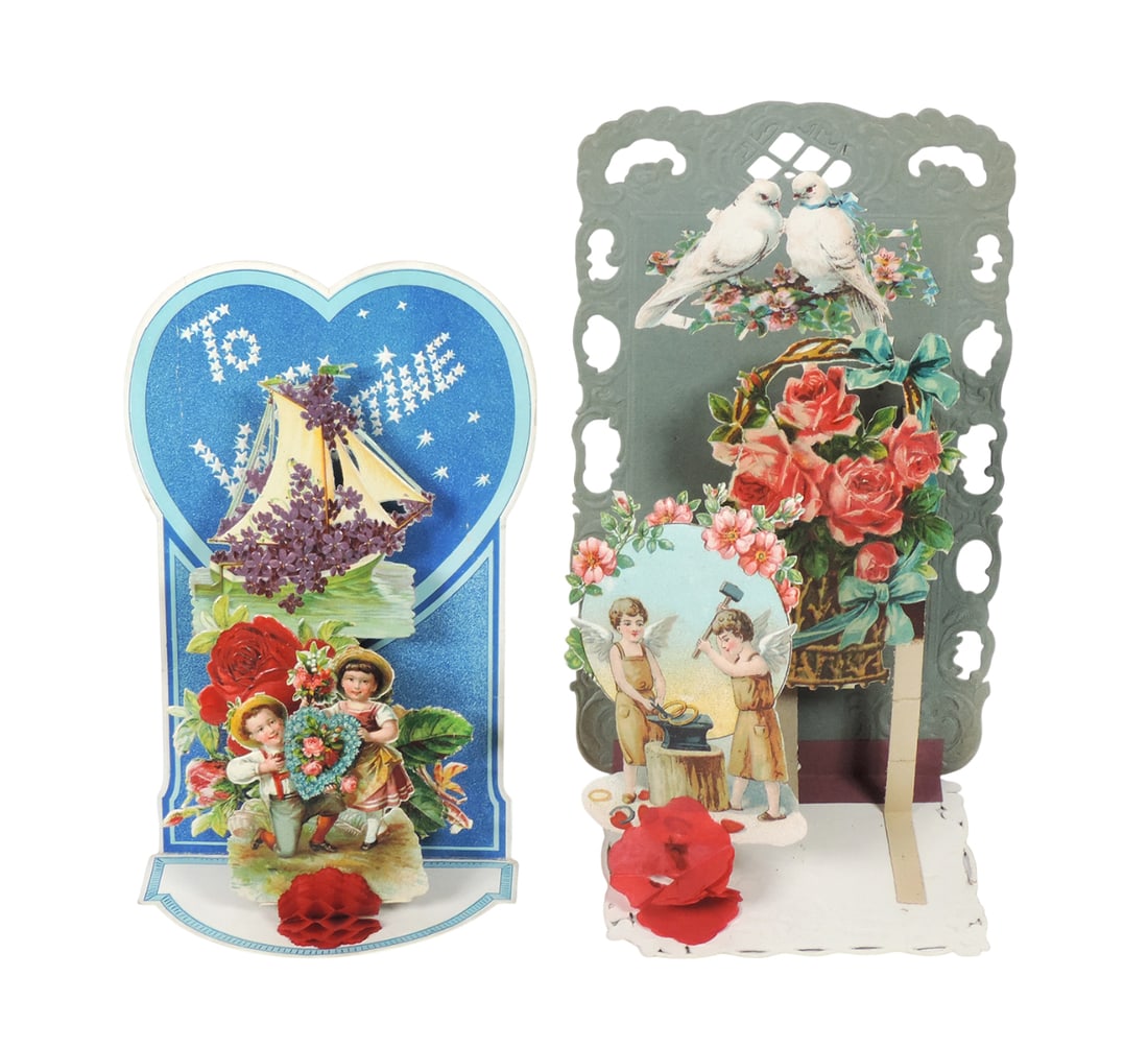 Antique German Valentines (2), both diecut foldouts w/honeycombs, c.1880-19: Antique German Valentines (2), both diecut foldouts w/honeycombs, c.1880-1900, both embossed, larger one in VG cond w/a couple soft edge bends, other Exc cond, up to 8.5"H.