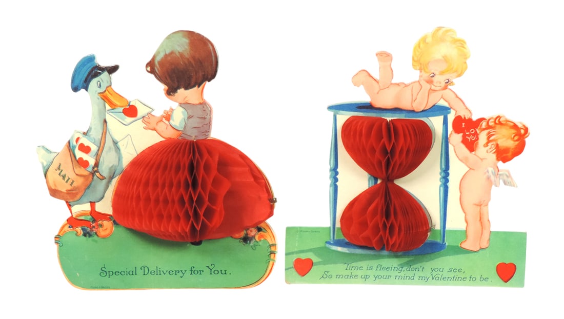 Antique German Valentines (2), diecut w/honeycomb features, girl w/mail duc: Antique German Valentines (2), diecut w/honeycomb features, girl w/mail duck delivering her Valentine & children w/hourglass, both very colorful & in VG+ cond w/couple of soft edge bends, made to stan