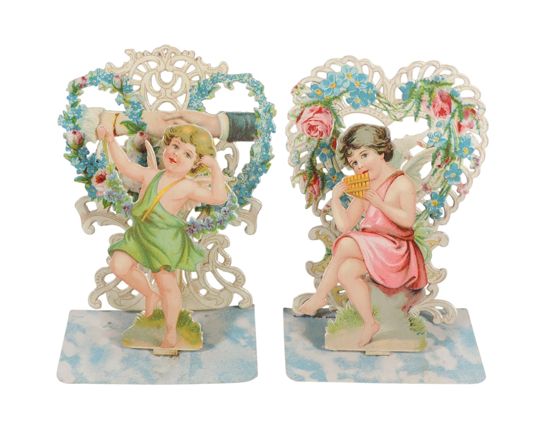 Antique German Valentines (2), embossed diecut foldouts w/cherubs, c.1880's: Antique German Valentines (2), embossed diecut foldouts w/cherubs, c.1880's, Exc cond, 4.5"H.