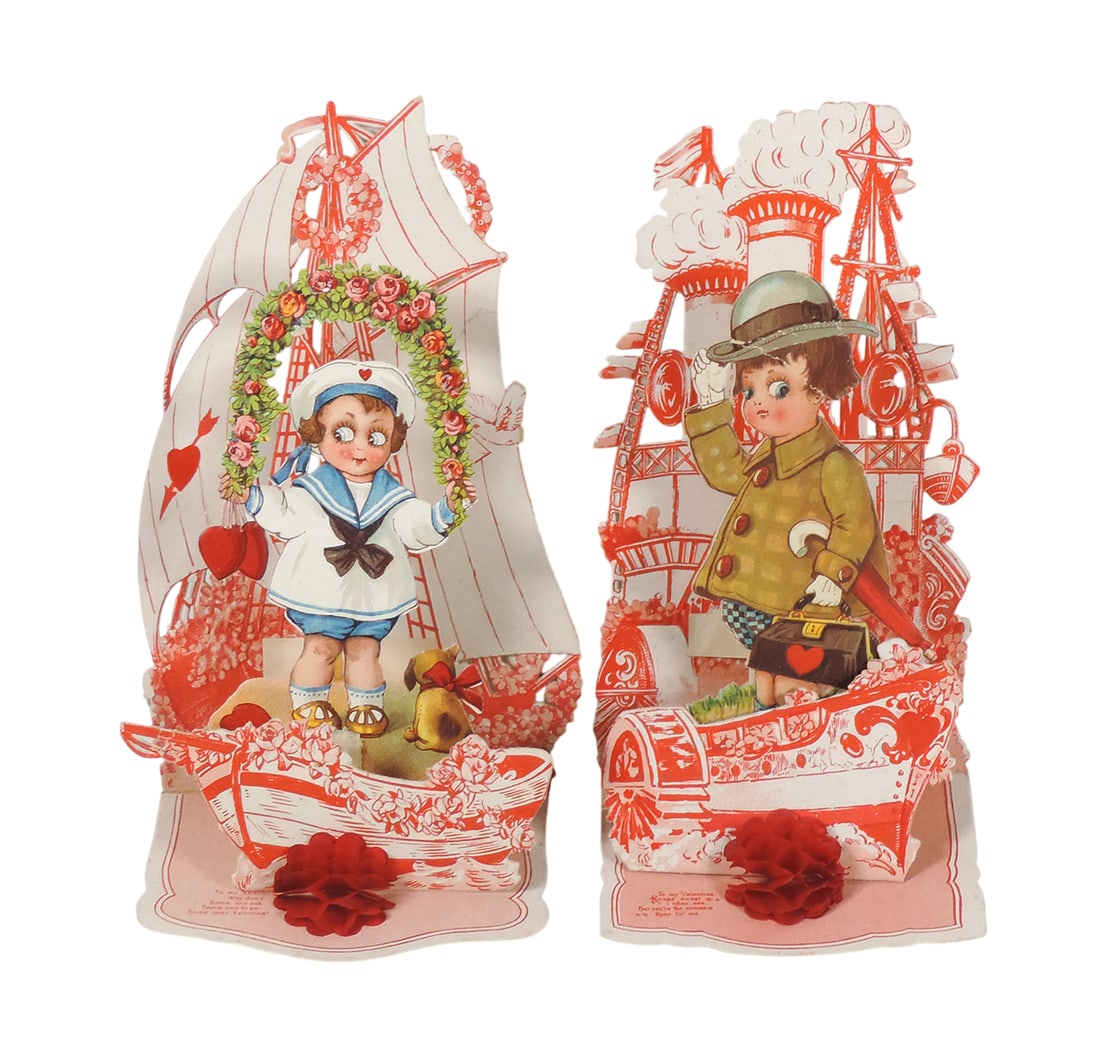 Antique German Valentines (2), embossed diecut foldouts w/honeycombs, both (1 of 2)