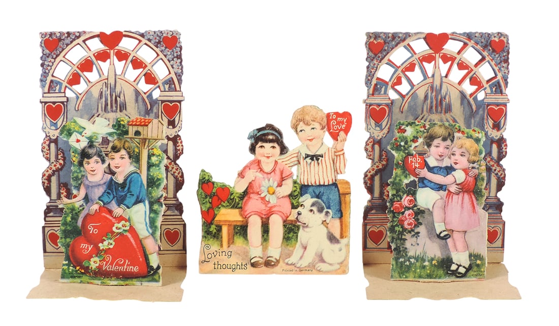 Antique German Valentines (3), (2) embossed diecut foldouts w/children & on: Antique German Valentines (3), (2) embossed diecut foldouts w/children & one w/stand, c.1880-1900, all Exc cond, largest 4.5"H.