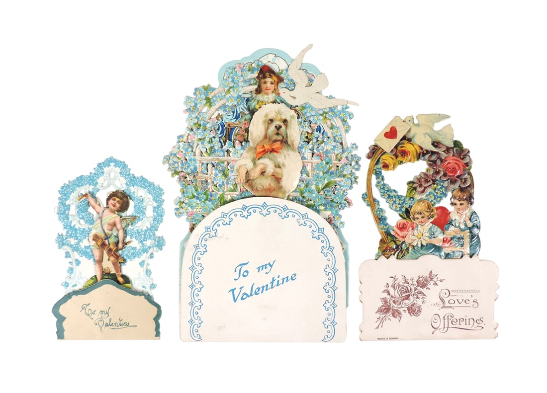 Antique German Valentines (3), all diecut foldouts w/children, dog & cupid, (1 of 2)