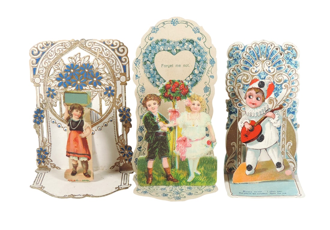 Antique German Valentines (3), all embossed diecut foldouts, c.1880's, all: Antique German Valentines (3), all embossed diecut foldouts, c.1880's, all Exc cond & 5"H.
