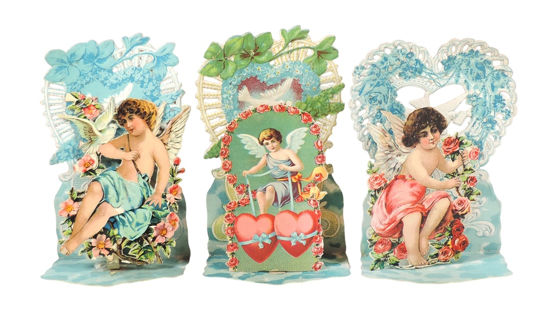 Antique German Valentines (3), all embossed diecut foldouts, c.1880's, all: Antique German Valentines (3), all embossed diecut foldouts, c.1880's, all VG/Exc cond & 4.5"H.