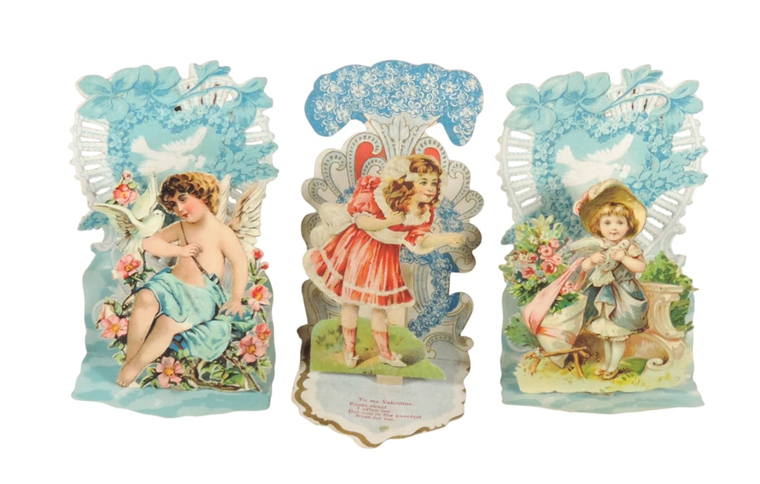 Antique German Valentines (3), embossed diecut foldouts w/children & cherub (1 of 2)