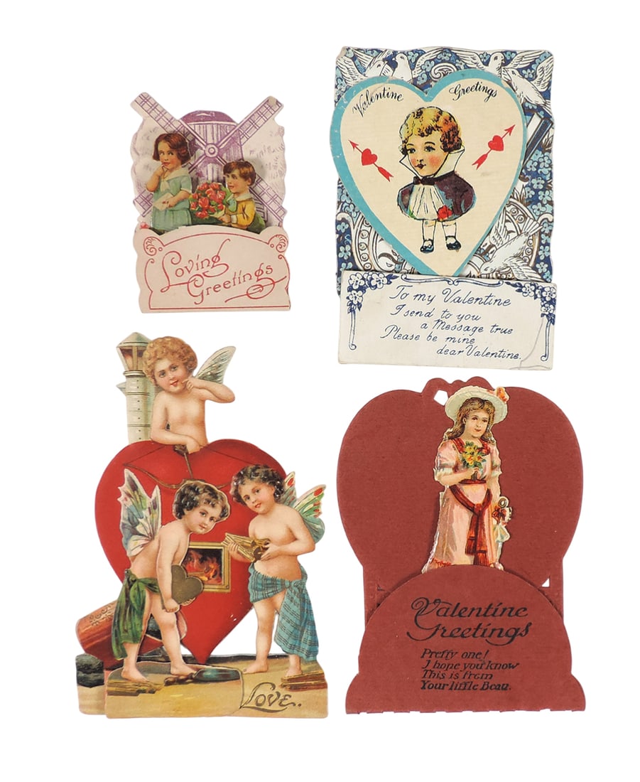 Antique German Valentines (4), embossed diecut foldouts of children & cheru: Antique German Valentines (4), embossed diecut foldouts of children & cherubs, c.1880-1900, all VG/Exc cond, up to 5.5"H.