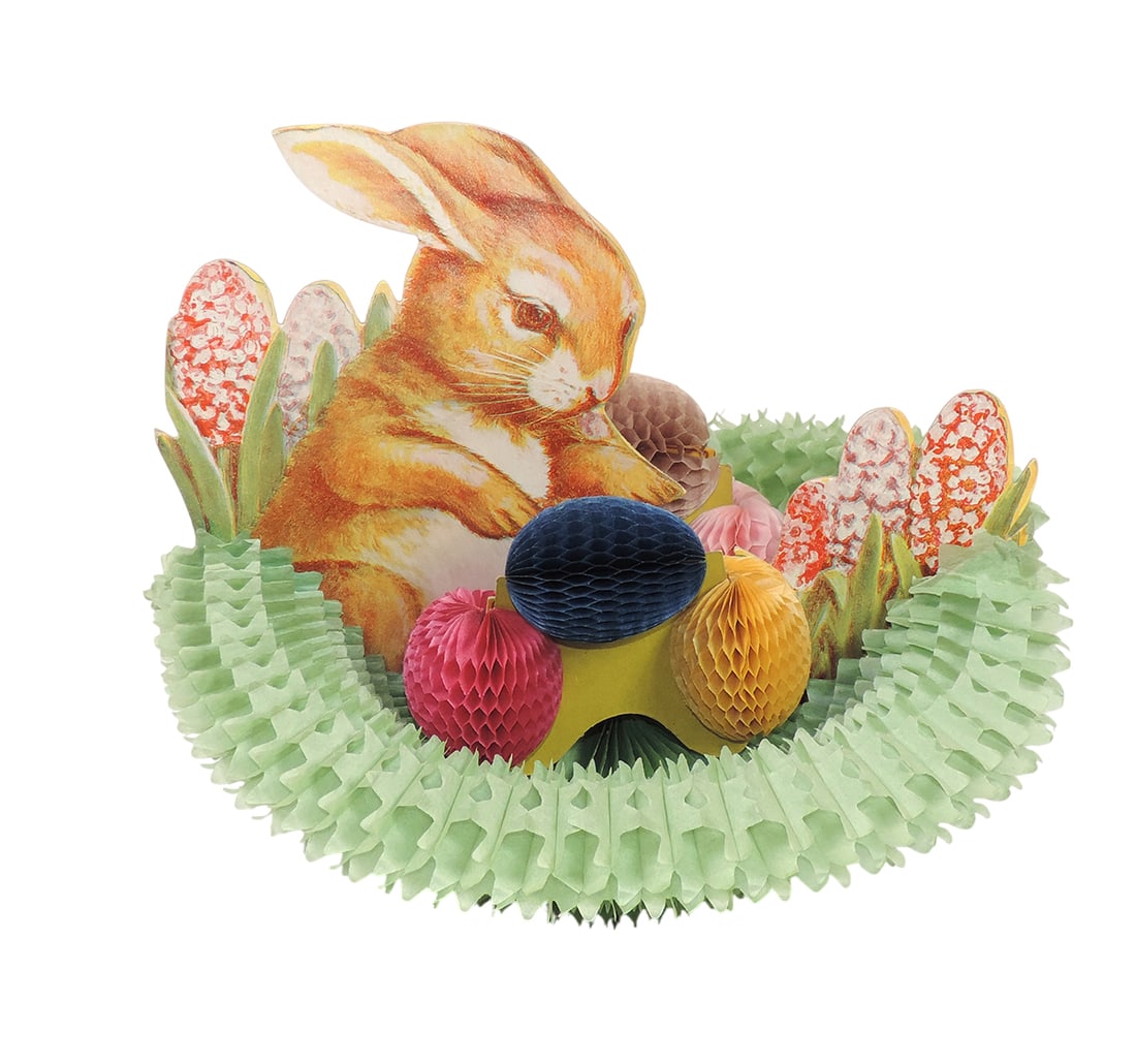 Antique Valentine, large double-sided diecut rabbit in honeycomb basket & e (1 of 4)