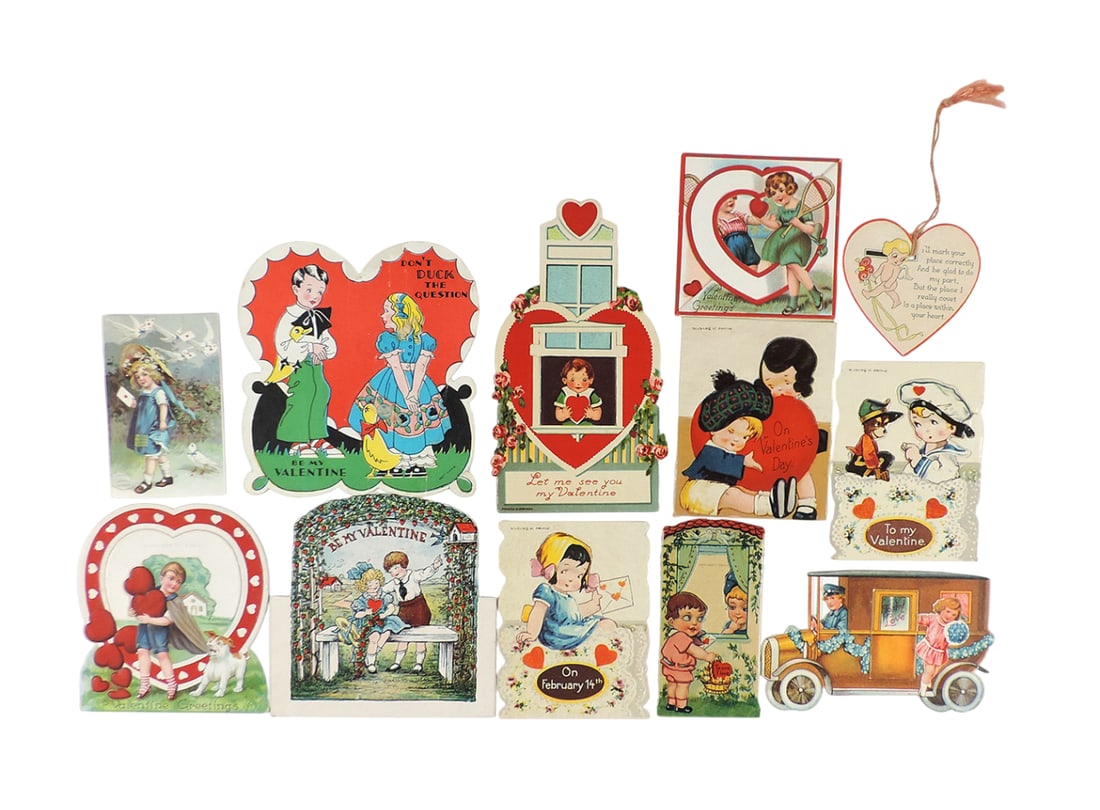 Antique Valentines (12), all but 2 are embossed diecuts that are either mec: Antique Valentines (12), all but 2 are embossed diecuts that are either mechanicals or fold back to form easel, many marked Germany or Bavaria, c.1910-1930, all Exc cond, up to 5"H.