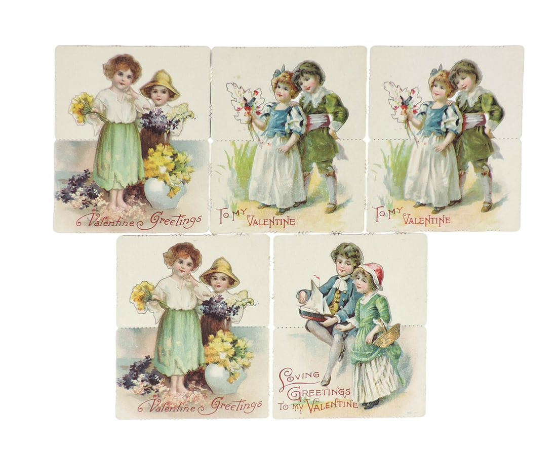 Antique Valentines (5), embossed diecut stand-ups, all fold back to form ea: Antique Valentines (5), embossed diecut stand-ups, all fold back to form easel, adorable children w/flowers, c.1910-20's, all in Exc cond & 4.25"H.