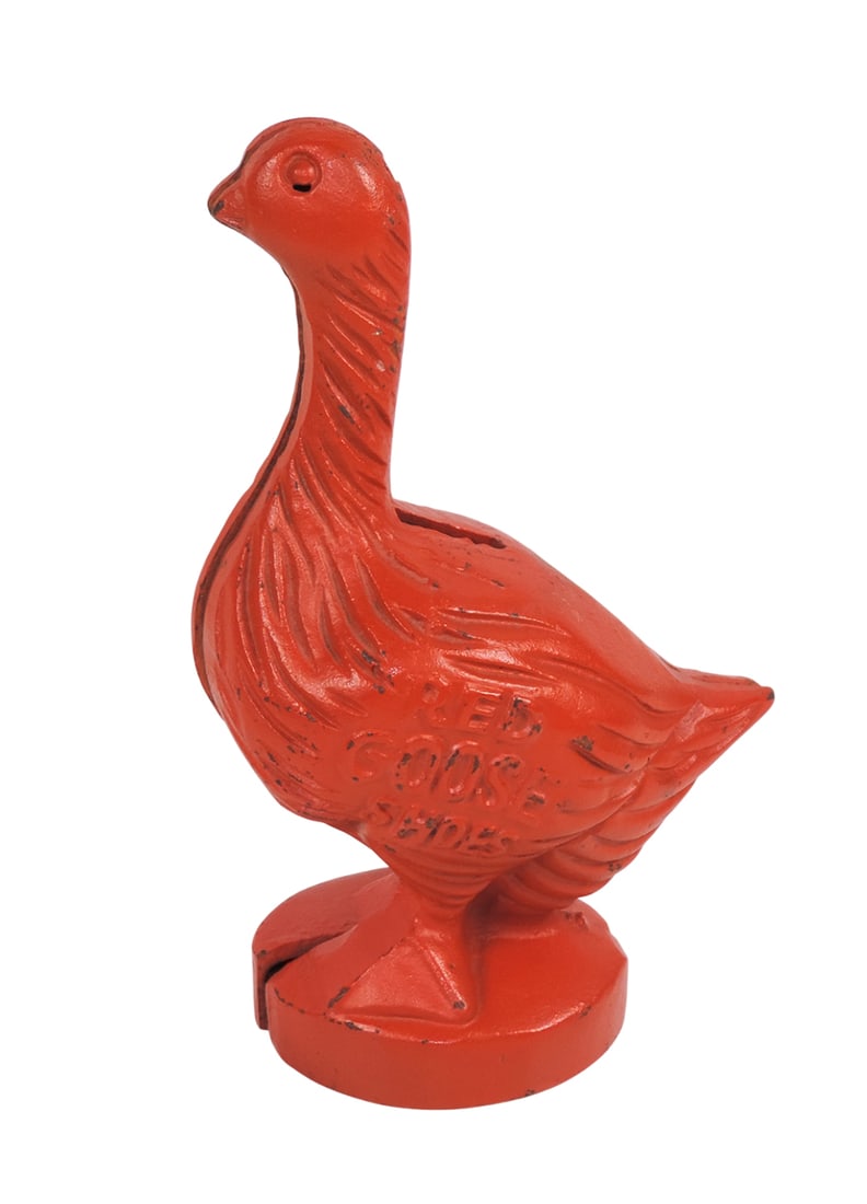 Bank, Antique Advertising Red Goose Shoes Still Coin Bank, cast iron, c.192: Bank, Antique Advertising Red Goose Shoes Still Coin Bank, cast iron, c.1920-30s, Exc cond w/minor paint loss, 8.75"H x 5"W.