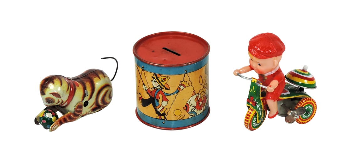 Toys (3), litho on tin bank by The Ohio Art Co.-Bryan, Ohio-USA, 16/101, c. (1 of 1)