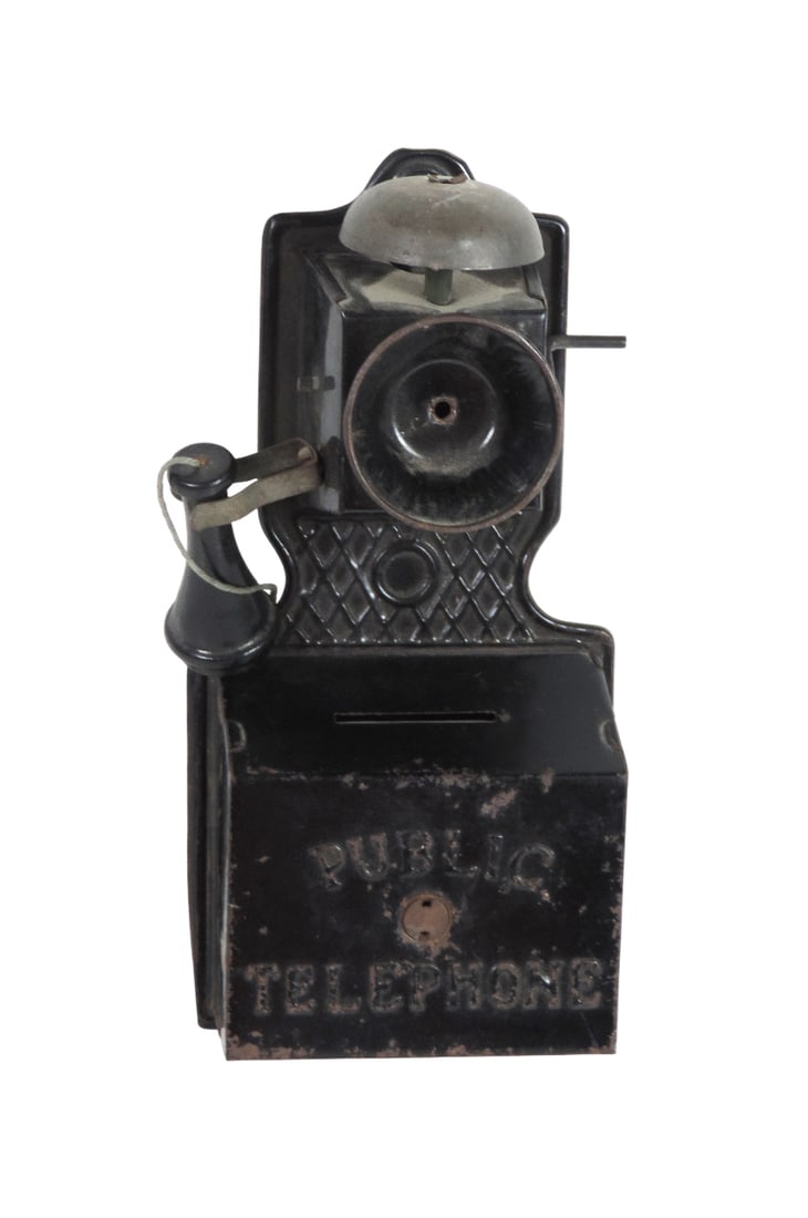 Toy Bank, Public Telephone, pressed tin/wood, crank turns & bell rings, unm (1 of 1)