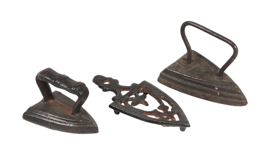 Antique Child's Miniature/Salesman Samples (3), Sad Irons & Trivet, cast ir (1 of 1)