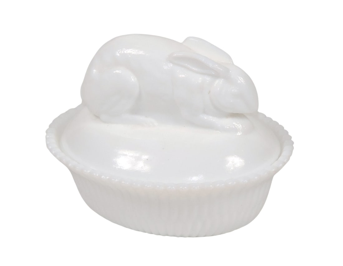 Antique Easter Milk Glass Rabbit Covered Candy Dish, heavy w/ribbed bottom (1 of 2)