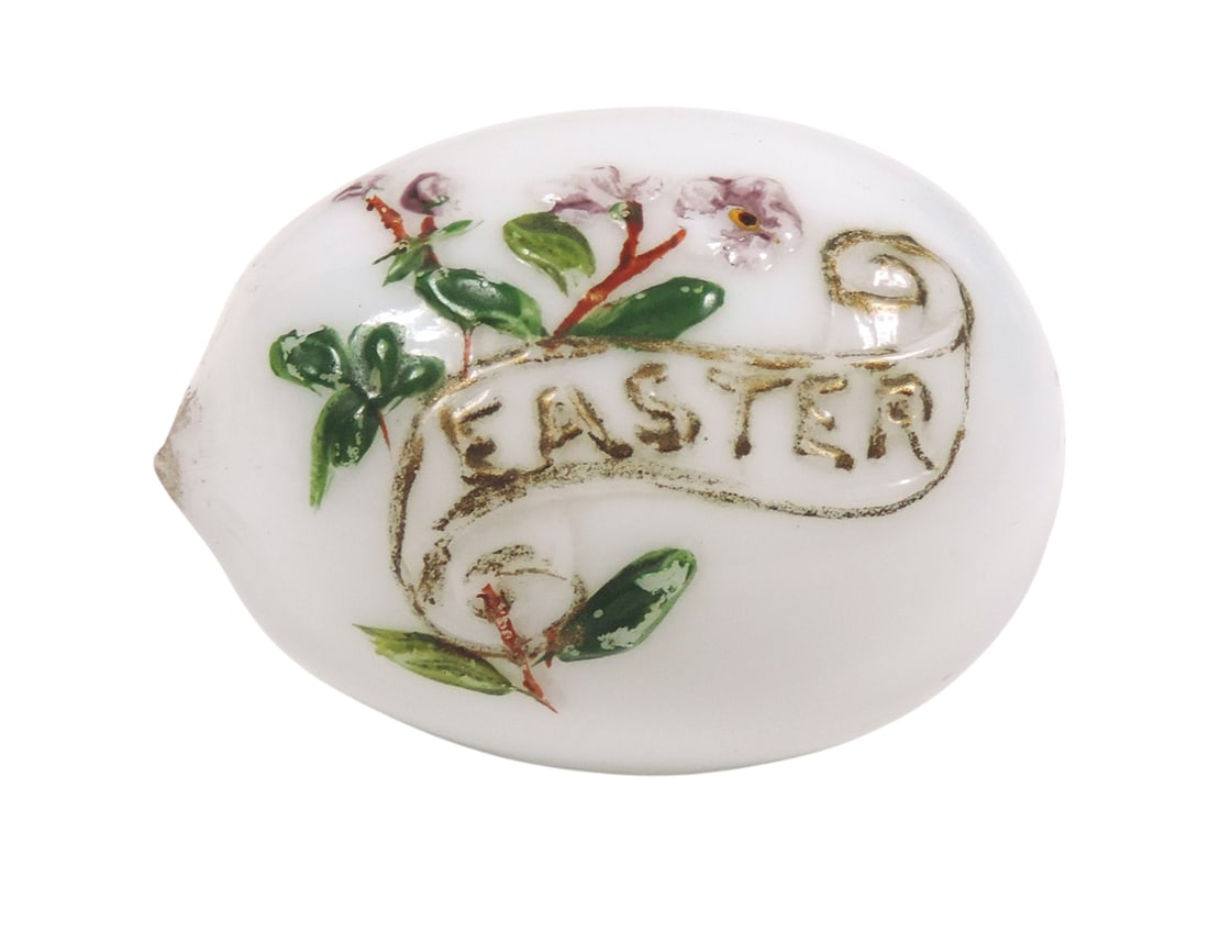 Antique hand-blown milk glass Easter egg, embossed "Easter" w/floral sprig, (1 of 2)