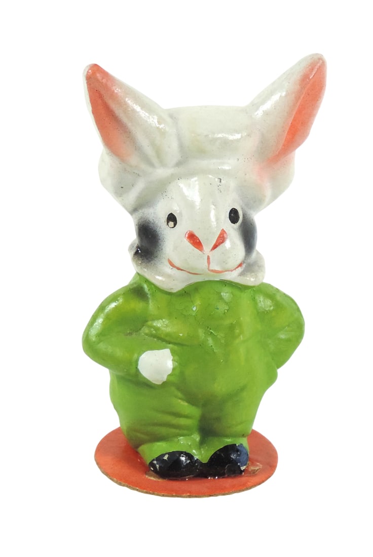 Antique Easter Rabbit w/Hat Figure, paper-mache w/orig colorful paint, bott (1 of 3)
