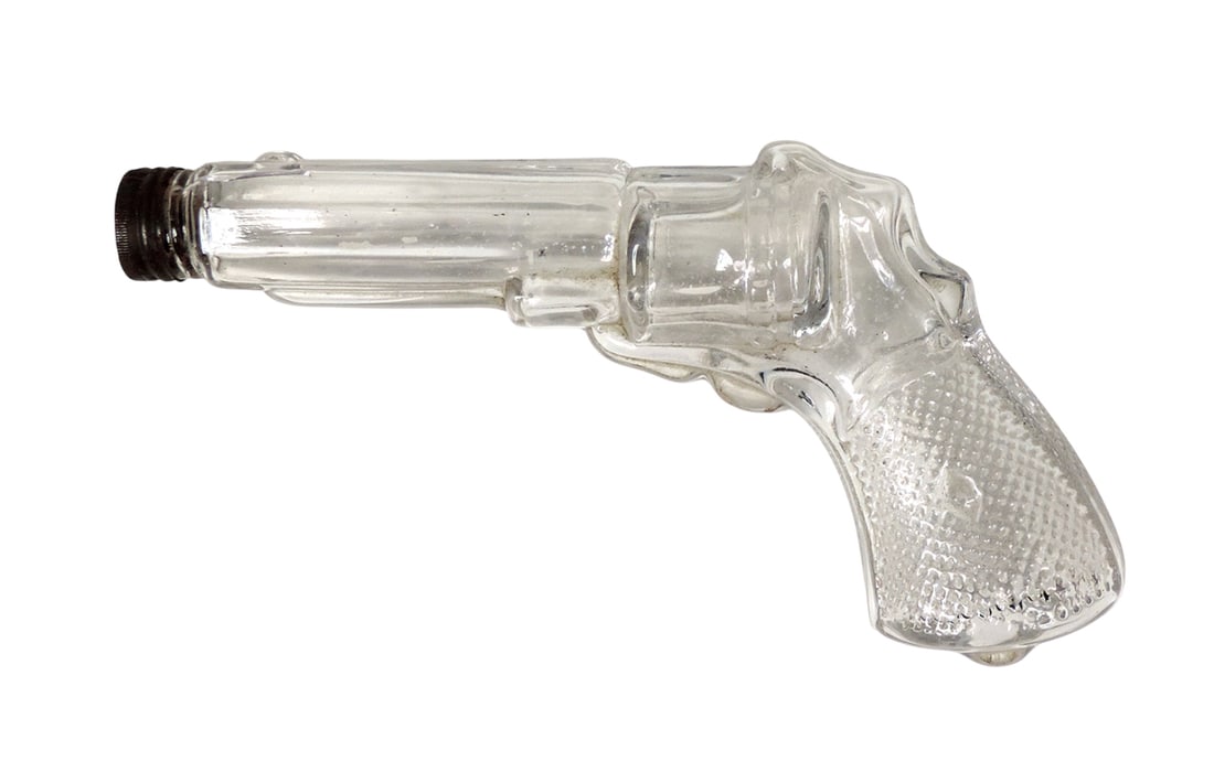 Antique Candy Container, Diamond Grip Revolver Pistol, unmarked, glass, tin: Antique Candy Container, Diamond Grip Revolver Pistol, unmarked, glass, tin cap is corroded shut, c. early 1900s, Exc cond unless noted, 8.5"L.