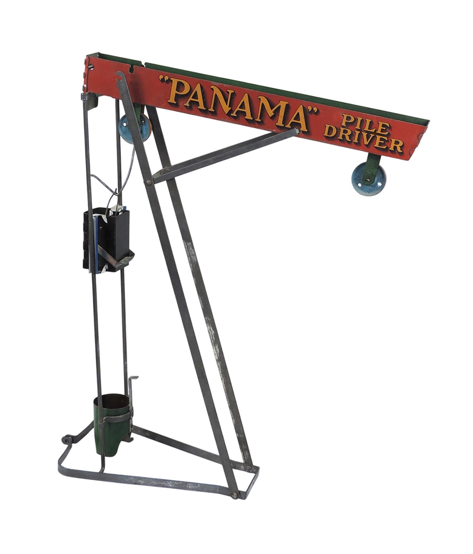 Toy, "Panama" Pile Driver, litho on tin, marble action, some brackets/cabli (1 of 2)