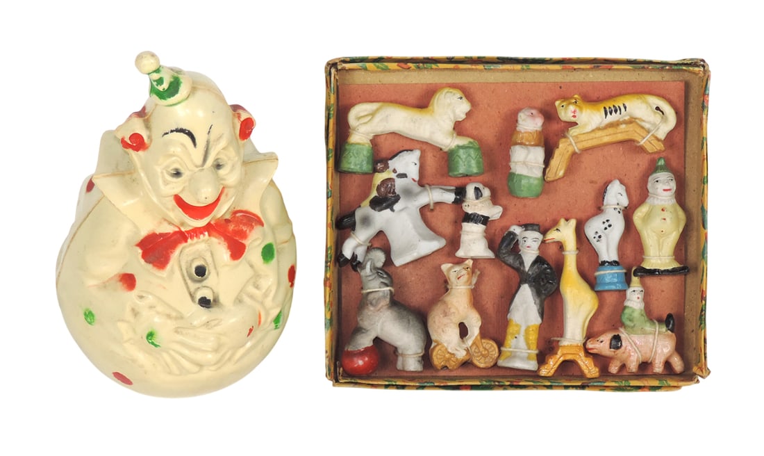 Toys (2), Antique Roly Poly Clown, molded plastic w/bell inside, embossed R (1 of 1)