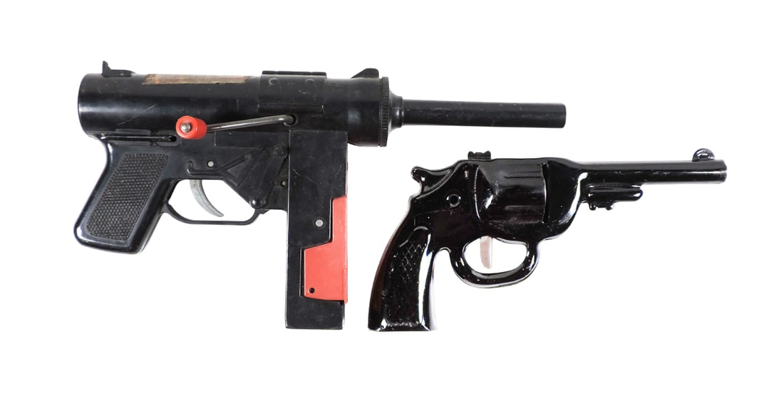 Toys (2), Sub Machine Cap Gun, Mattel, Inc. Toy Makers, Los Angeles Calif.-: Toys (2), Sub Machine Cap Gun, Mattel, Inc. Toy Makers, Los Angeles Calif.-USA, Patent No. 2729011 Others Pending, trigger works, plastic, missing metal shoulder brace & end plug, c.1950s & Pistol Cap