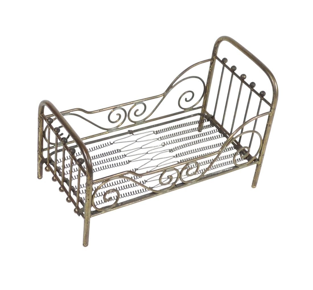 Toy, Antique Doll Cradle, Rare French Victorian metallic brass, spring wire (1 of 1)