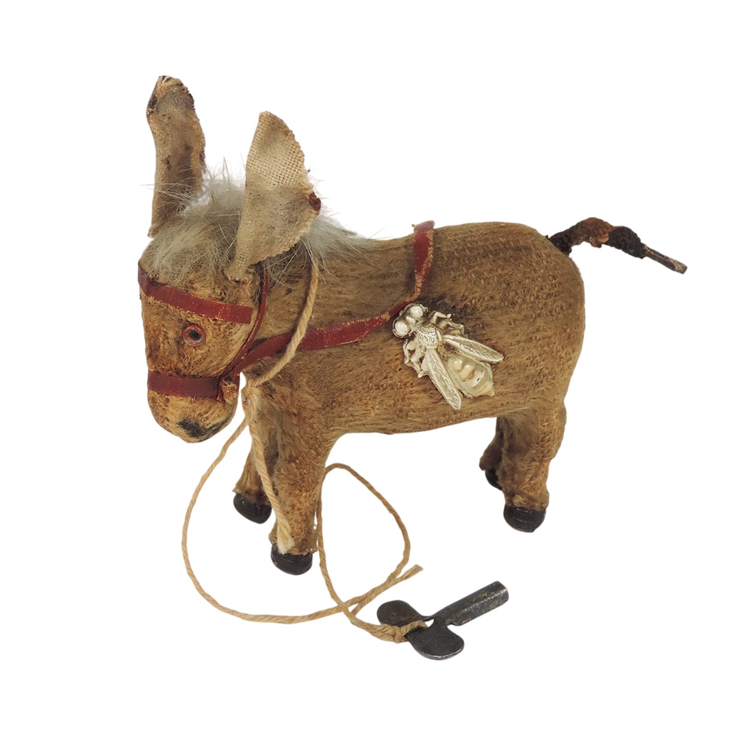 Toy Donkey, mohair windup w/key, celluloid feet/bug on side, c.1920s, Made (1 of 2)