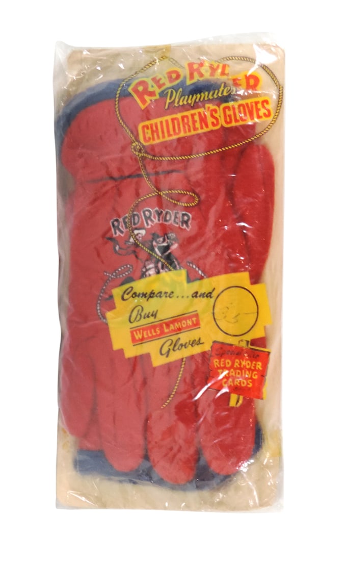 Red Ryder Children's Gloves, Special Offer Red Ryder Trading Cards, Red Ryd: Red Ryder Children's Gloves, Special Offer Red Ryder Trading Cards, Red Ryder Playmates, Wells Lamont Corp., Chicago, c.1952 S.S., unused w/original packaging inside taped plastic bag for protection, 