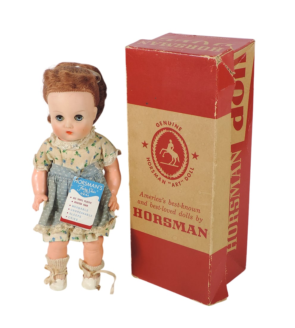 Doll, Horsman's Fairy Skin Doll, Genuine HORSMAN "ART" DOLL, Trenton, NJ-US: Doll, Horsman's Fairy Skin Doll, Genuine HORSMAN "ART" DOLL, Trenton, NJ-USA, Style PT13, orig box/tag w/curlers, does not have pull string for sound, soft vinyl/rooted hair/sleep eyes, dress has some
