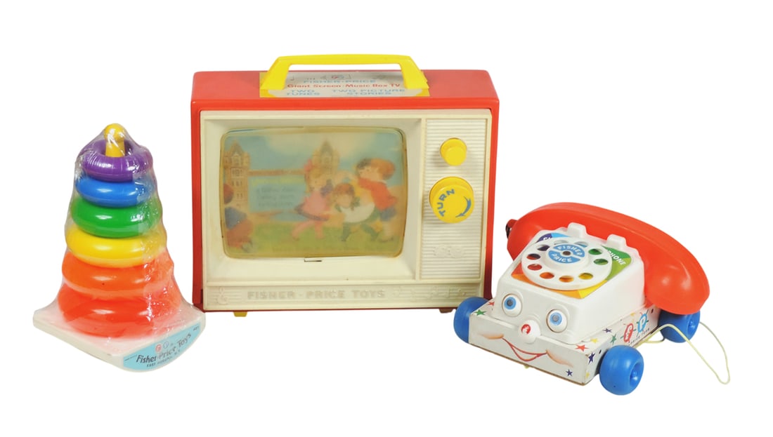 Toys (3), Fisher-Price Chatter Telephone, pull toy, rotary phone, wood base: Toys (3), Fisher-Price Chatter Telephone, pull toy, rotary phone, wood base/plastic, c.1970s, Exc working cond, Fisher-Price Toys Rock-A-Stack, c.1970s, plastic, unused/plastic wrapped, No. 627 & Fish