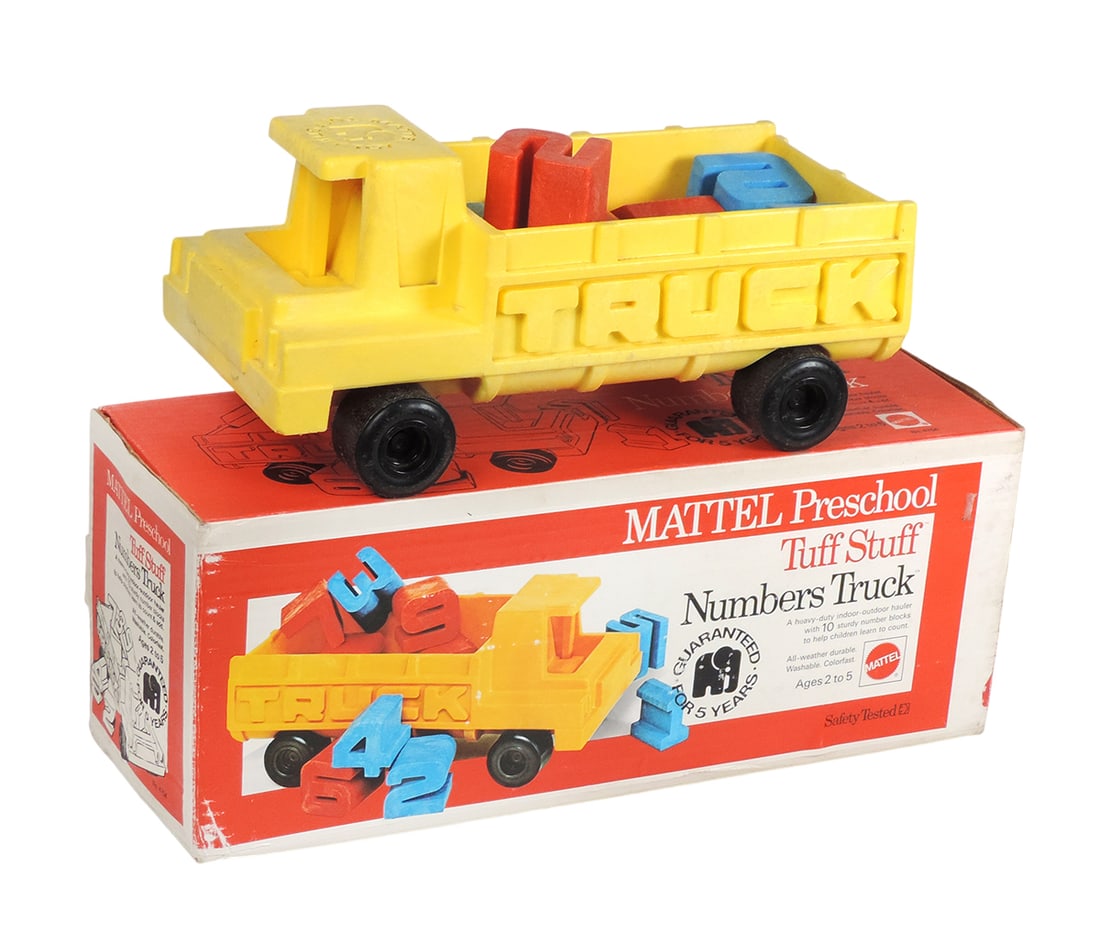 Toy Mattel Preschool Tuff Stuff Numbers Truck, 1971-72, ages 2-5, No. 4754,: Toy Mattel Preschool Tuff Stuff Numbers Truck, 1971-72, ages 2-5, No. 4754, Number 5 is missing & has 2 number 2s, heavy-duty indoor-outdoor, VG+ cond, 17.5"L.