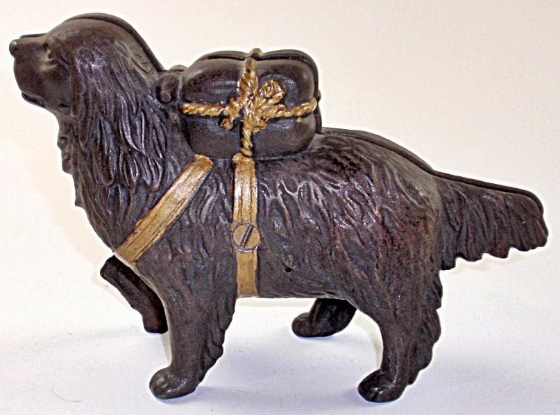A Saint Bernard Cast Iron Still Bank c1900 in Exc+ cond w/orig gilt, 7.5"L. (1 of 2)