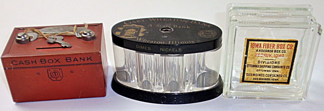3 Vintage Still Banks, glass block for Iowa Fiber Box (small chip) Gary-Whe (1 of 3)