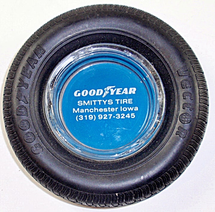 Good Year Tire Adv. Ashtray: Rubber & glass for Smitty Tire Manchester, IA, Exc cond. 6"Dia.
