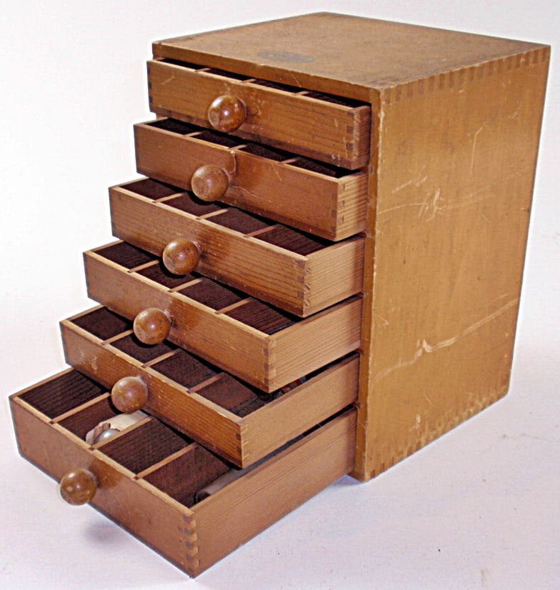 A Wirt Radio-Electronics Resistor Cabinet w/Contents: Wood w/6 divided drawers, VG+ cond 8.75"H.