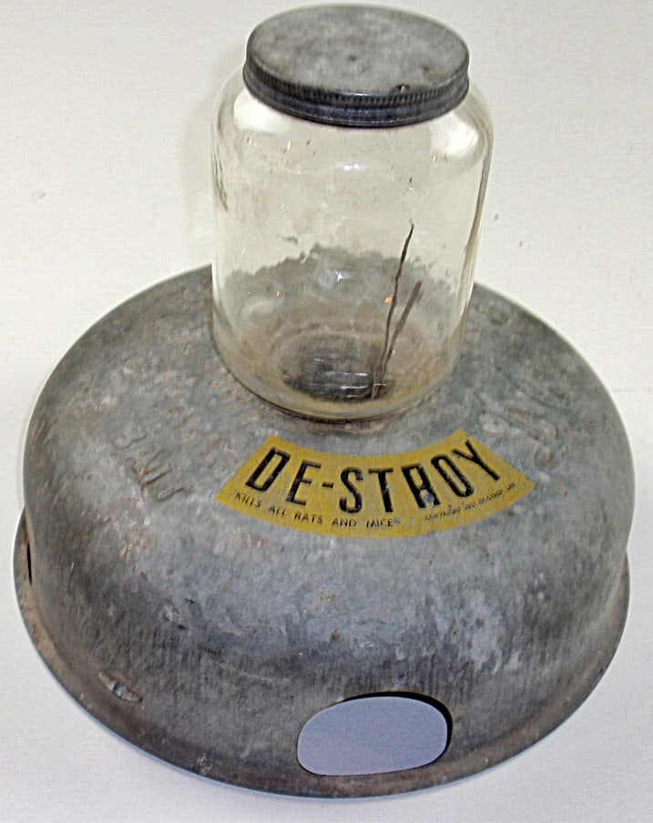 A De-Stroy Poisoned Bait Dispenser: Galvanized metal w/glass hopper, VG+ cond. 12"Dia.
