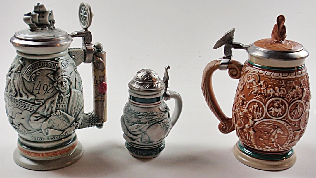 3 Vintage Avon Beer Steins: Wild West, New World, and a miniature Sperm Whale, all mint in boxes, largest 10”H.