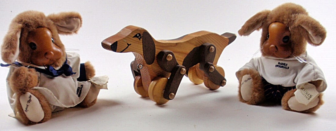 3Pc Wooden Toys: Two Raikes Bunnies and a Dog pull toy, Exc cond. Largest 15”L.