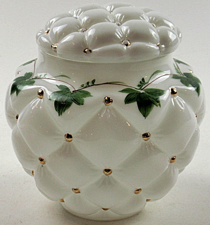 A Vintage Consolidated Glass Cookie Jar,: Circa 1950's milk glass with hand painted Ivy, Exc cond. 8.25”H.