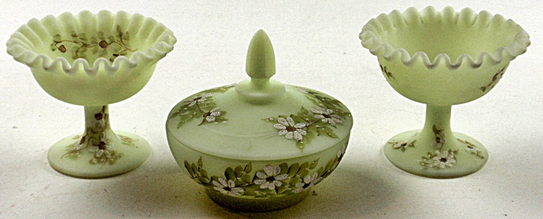 3pc Fenton Artist Decorated Bowl & Compotes (1 of 5)