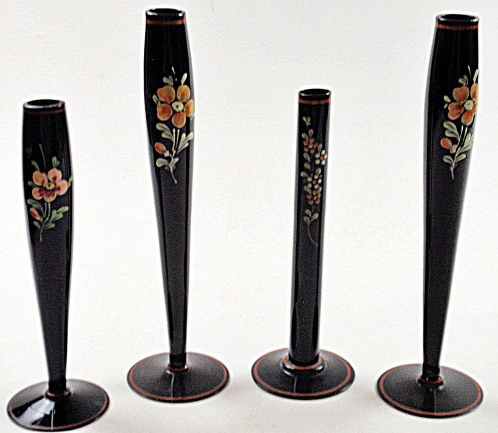 4 Vintage Enameled Glass Candlesticks,: Black Amethyst with hand painted florals, Exc cond, 8" & 10"H.