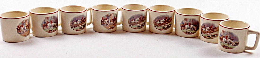 A Fox Hunt Scene Tom & Jerry Punch Set: A Dover w/wood handle, Simmons, Asbestos, and AC Williams w/added candle sockets, VG cond, Largest 6.5"L.