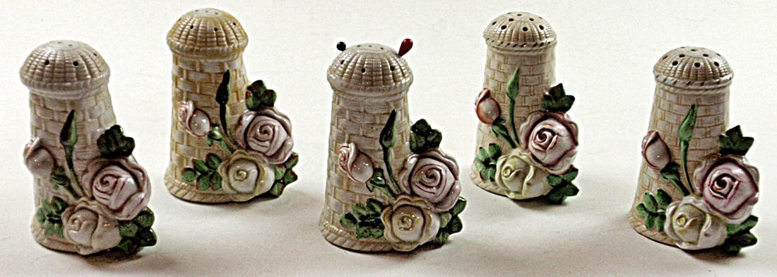 5 Shafer & Vater German Porcelain Hatpin Holders: All with rose decor, Exc cond, Largest 4.5"H.