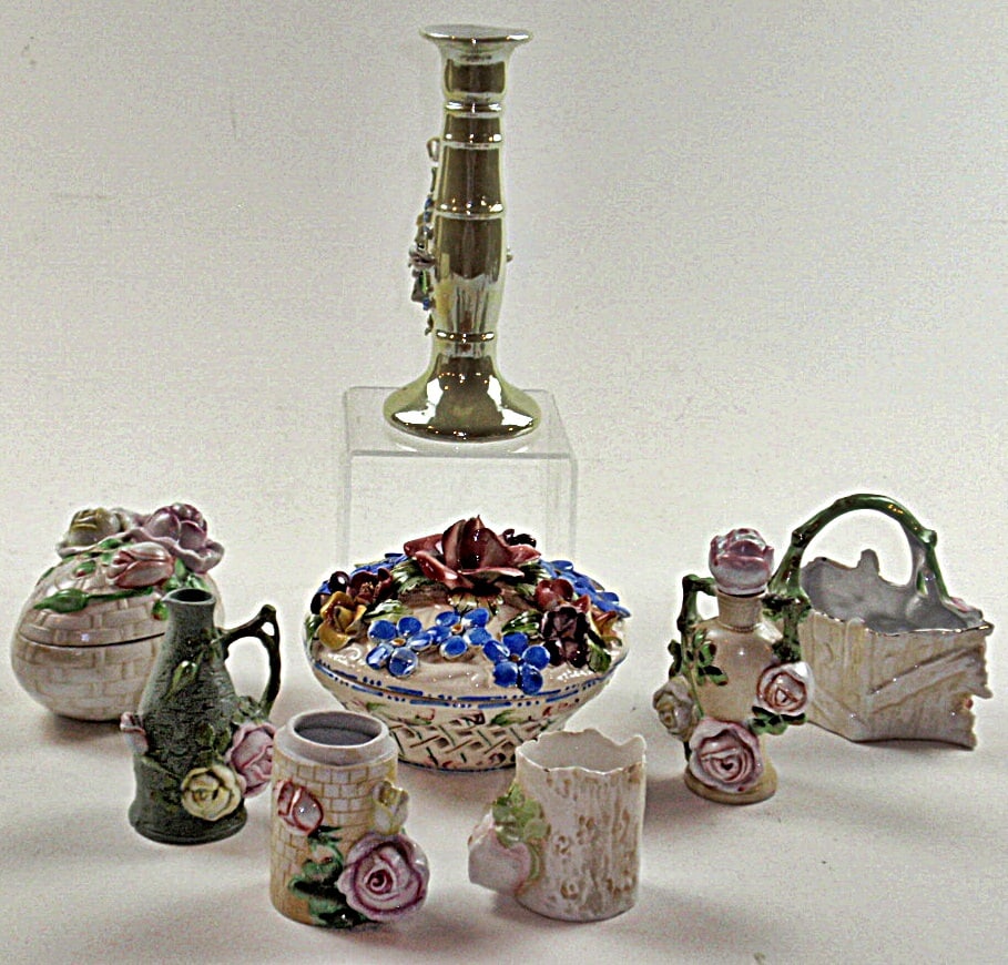 Floral Decorated Porcelain: Including mostly German Shafer & Vater posy vases, boxes plus a Capodimonte box, Exc cond. Largest 6"Dia.